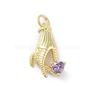 Rack Plating Palm Brass Micro Pave Cubic Zirconia Pendants, Cadmium Free & Lead Free, Long-Lasting Plated, Real 18K Gold Plated, with Jump Ring, Lilac, 20x12x4mm, Hole: 3mm(KK-E102-18G-04)