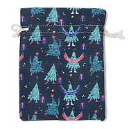 Christmas Theme Cloth Printed Storage Bags, Drawstring Bags, Rectangle, Marine Blue, 20x15x0.4cm(ABAG-F010-02C-05)