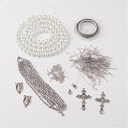 DIY Jewelry Material Packages, Including Tibetan Style Alloy Pendants, Glass Pearl Beads, Stainless Steel Findings, Chain and Tiger Tail, White, 8x1mm(DIY-LC0021-05)