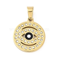 304 Stainless Steel Charms, with Rhinestone and Enamel, Real 18K Gold Plated, Evil Eye Charm, Black, 21.5x18.5x2mm, Hole: 6x4mm(STAS-M341-01G-07)