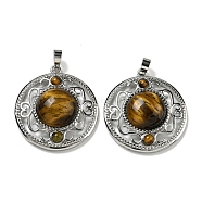 Natural Tiger Eye Pendants, Rack Plating Brass Hollow Flat Round Charms, Cadmium Free & Lead Free, Platinum, 36.5x33x9.5mm, Hole: 7.5x5mm(G-Q158-03I)