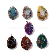 Natural Agate Big Pendants, with Rack Plating Brass Wires, Chakra Gemstone Beads, Cadmium Free & Lead Free, Dyed & Heated, Nuggets with Tree, Red Copper, Mixed Color, 58~62x37~47x13~14mm, Hole: 4~6mm(G-H274-06R)