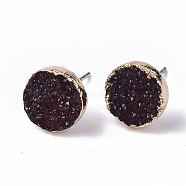 Electroplate Druzy Resin Stud Earrings, with Iron Pins and Light Gold Plated Iron Findings, Flat Round, Coconut Brown, 10mm, Pin: 0.6mm(RESI-S383-029D)