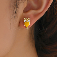 Owl Brass Stud Earrings, with Rhinestone, Real 18K Gold Plated, 14x8mm(LV9587)