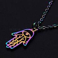 201 Stainless Steel Pendants Necklaces, with Cable Chains and Lobster Claw Clasps, Hamsa Hand/Hand of Fatima/Hand of Miriam, Rainbow Color, 15-3/4 inch(40cm), 1.5mm(NJEW-S105-JN637)