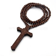 Wood Cross Pendant Necklace with Round Beaded Chains for Men Women, Brown, 35.43 inch(90cm)(RELI-PW0001-024D)
