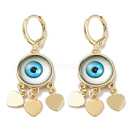 Real 18K Gold Plated Brass Heart Chandelier Earrings, Glass Evil Eye Drop Earrings, Cyan, 40.5x14mm(EJEW-L269-048G-03)