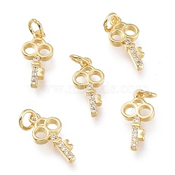 Brass Micro Pave Clear Cubic Zirconia Charms, with Jump Rings, Long-Lasting Plated, Key, Golden, 14.5x7x2mm, Hole: 3mm(ZIRC-I048-12G)