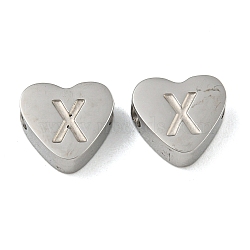 Tarnish Resistant 304 Stainless Steel Beads, Heart with Letter, Stainless Steel Color, Letter X, 7x8x3mm, Hole: 2mm(STAS-H219-16P-X)