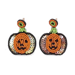 Halloween Pumpkin Glass Seed Braided Dangle Stud Earrings, 316 Stainless Steel Wraped Jewelry for Women, Orange, 55mm, Pin: 0.6mm(EJEW-B011-04A)