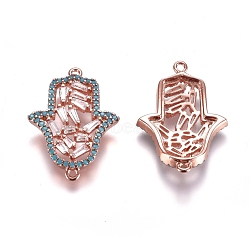 Brass Micro Pave Cubic Zirconia Links connectors, Hamsa Hand/Hand of Fatima/Hand of Miriam, Clear & Sky Blue, Rose Gold, 24x17x3mm, Hole: 1mm(ZIRC-K081-78RG)