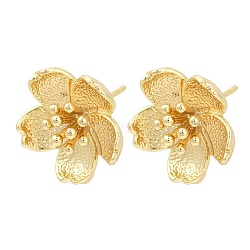 Brass Stud Earring Findings, with Loop, Flower, Real 18K Gold Plated, 17x15.5mm, Hole: 1.5mm, Pin: 0.8x11.5mm(KK-Z099-05G-03)