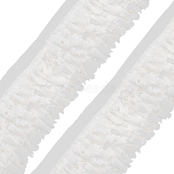 3-Layer Nylon Pleated Lace Trims, Ruffle Lace Ribbon with Plastic Beads, for Sewing and Art Craft Decoration, White, 4-3/8 inch(110mm)(OCOR-WH0082-40)