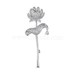 SHEGRACE Brass Brooch, with Grade AAA Cubic Zirconia, Lotus , Platinum, 65.6x25.8mm(JBR058A)