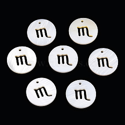 Natural Freshwater Shell Charms, Flat Round with Twelve Constellations, Hollow, Scorpio, 12x1.5mm, Hole: 0.9mm(SHEL-N027-10H)