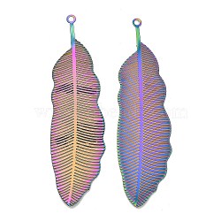 304 Stainless Steel Big Pendants, Etched Metal Embellishments, Feather Charm, Rainbow Color, 70.5x19x0.3mm, Hole: 1.8mm(STAS-I329-07RC)