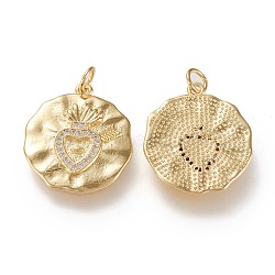 Brass Micro Pave Clear Cubic Zirconia Pendants, Long-Lasting Plated, Flat Round with Heart, Golden, 22x19x2mm, Jump Ring: 5x0.8mm, 3.5mm Inner Diameter(ZIRC-K086-20G)