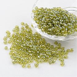 Round Glass Seed Beads, Trans. Colours Lustered, Yellow Green, Size: about 4mm in diameter, hole: 1.5mm, about 496pcs/50g(X-SEED-A006-4mm-104)