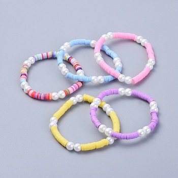 Handmade Polymer Clay Heishi Beads Kids Stretch Bracelets, with Glass Pearl Beads, Mixed Color, 1-3/4 inch(4.5cm)
