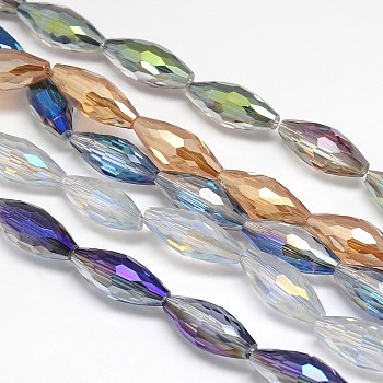 Electroplate Crystal Glass Rice Beads Strands, Faceted, Rainbow Color Plated, Mixed Color, 19x8mm, Hole: 1mm, about 40pcs/strand, 29.1 inch