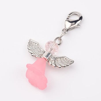 Tibetan Style Glass Pendants, with Acrylic Beads and Lobster Clasps, Lovely Wedding Dress Angel Dangle, Pink, 36mm, Hole: 3x4mm