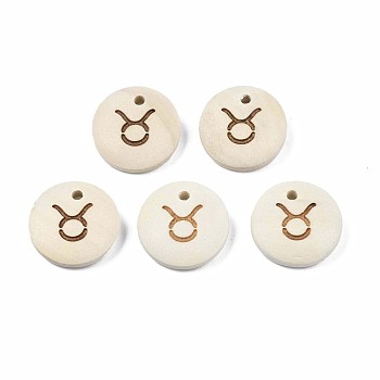 Laser Out Wood Pendants, Flat Round with 12 Constellations, Undyed, Taurus, 15x4mm, Hole: 1.6mm