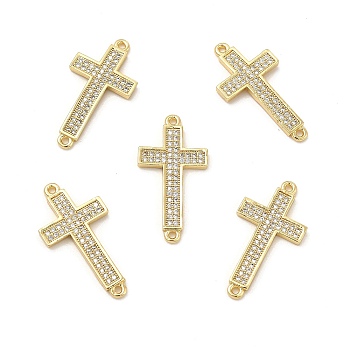 Brass Micro Pave Clear Cubic Zirconia Connector Charms, Religion Cross Links, Real 18K Gold Plated, 25.5x13.5x2mm, Hole: 1mm
