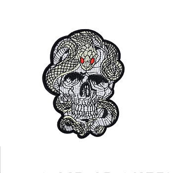 Computerized Embroidery Cloth Iron on/Sew on Patches, Costume Accessories, Snake+ with Skull, Ghost White, 100x75mm