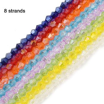 8 Strands 8 Colors Faceted Bicone Glass Beads Strands, AB Color Plated, for DIY Crafting, Mixed Color, 4~4.5x4mm, Hole: 0.7~1mm, about 82~85pcs/strand, 30.5~31cm, 1strand/color