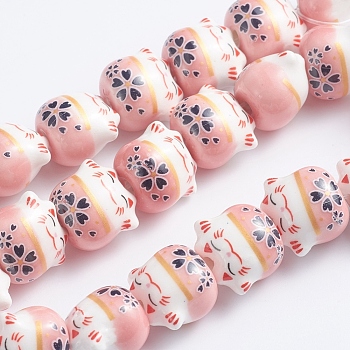 Handmade Printed Porcelain Beads, Lucky Cat, Pink, 14x14x11.5mm, Hole: 2mm, about 25pcs/Strand, 12.20''(31cm)