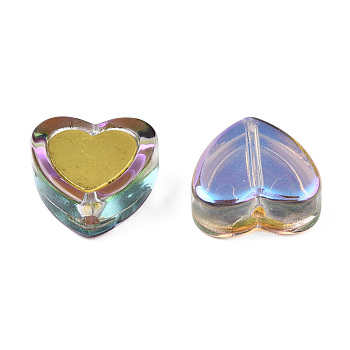 Electroplate Transparent Glass Beads, AB Color, with Golden Plated Brass Findings, Heart, Thistle, 12x12x5mm, Hole: 1mm