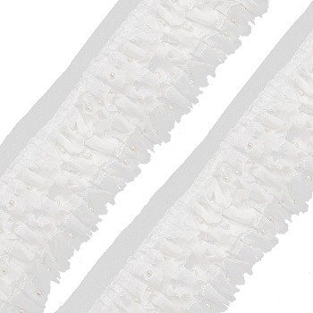 3-Layer Nylon Pleated Lace Trims, Ruffle Lace Ribbon with Plastic Beads, for Sewing and Art Craft Decoration, White, 4-3/8 inch(110mm)