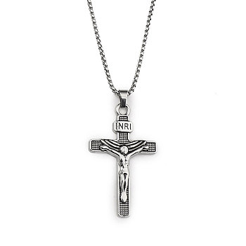 201 Stainless Steel Pendant Necklaces, Cross, Antique Silver, 23.43 inch(59.5cm)