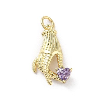Rack Plating Palm Brass Micro Pave Cubic Zirconia Pendants, Cadmium Free & Lead Free, Long-Lasting Plated, Real 18K Gold Plated, with Jump Ring, Lilac, 20x12x4mm, Hole: 3mm