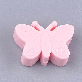 Food Grade Eco-Friendly Silicone Focal Beads, Chewing Beads For Teethers, DIY Nursing Necklaces Making, Butterfly, Pink, 20.5x30x11mm, Hole: 2mm
