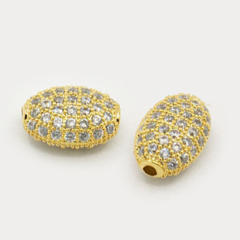 Brass Micro Pave Cubic Zirconia Beads, Oval, Golden, 10x7x5.5mm, Hole: 1mm
