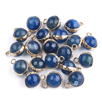 Natural Agate Pendants, with Brass Findings, Cadmium Free & Nickel Free & Lead Free, Faceted, Dyed, Round, Golden, Marine Blue, 13~16x9~12x8~11mm, Hole: 2mm