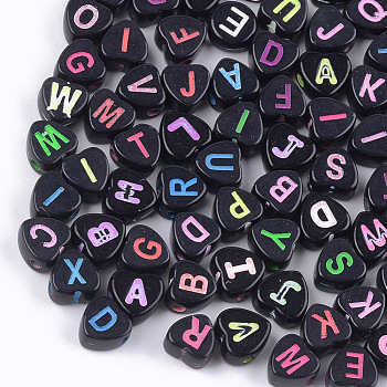 Craft Style Acrylic Beads, Horizontal Hole, Heart with Letter, Mixed Color, 6.5x6.5x4mm, Hole: 1.5mm, about 3500pcs/500g