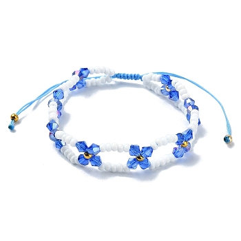 Woven Glass Flower Adjustable Braided Bead Bracelets for Women, Royal Blue, Inner Diameter: 1-7/8~3-1/4 inch(4.65~8.2cm)