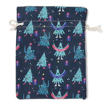 Christmas Theme Cloth Printed Storage Bags, Drawstring Bags, Rectangle, Marine Blue, 20x15x0.4cm