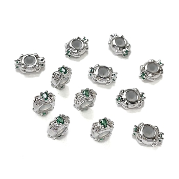 Brass Micro Pave Green Cubic Zirconia Beads, Long-Lasting Plated, Platinum, 10x7.5x4mm, Hole: 1.4mm