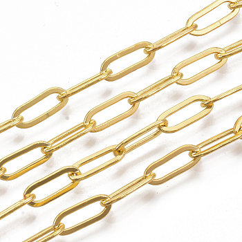 Brass Paperclip Chains, Flat Oval, Drawn Elongated Cable Chains, Soldered, Long-Lasting Plated, with Spool, Cadmium Free & Nickel Free & Lead Free, Golden, 11x4.3x0.7mm, about 6.56 Feet(2m)/roll