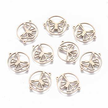 304 Stainless Steel Links Connectors, Laser Cut, Flat Round with Hollow Butterfly, Rose Gold, 15x18x1mm, Hole: 0.8mm