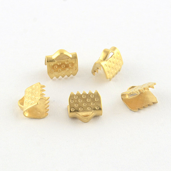 304 Stainless Steel Ribbon Crimp Ends, Real 18k Gold Plated, 6x6.5mm, Hole: 1mm