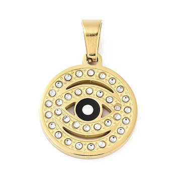 304 Stainless Steel Charms, with Rhinestone and Enamel, Real 18K Gold Plated, Evil Eye Charm, Black, 21.5x18.5x2mm, Hole: 6x4mm