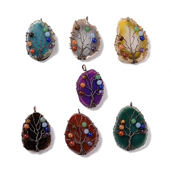 Natural Agate Big Pendants, with Rack Plating Brass Wires, Chakra Gemstone Beads, Cadmium Free & Lead Free, Dyed & Heated, Nuggets with Tree, Red Copper, Mixed Color, 58~62x37~47x13~14mm, Hole: 4~6mm