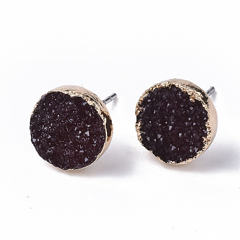 Electroplate Druzy Resin Stud Earrings, with Iron Pins and Light Gold Plated Iron Findings, Flat Round, Coconut Brown, 10mm, Pin: 0.6mm