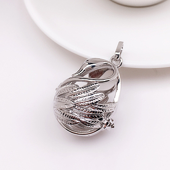 Brass Bead Cage Pendants, for Chime Ball Pendant Necklaces Making, Hollow, Swan Charm, Platinum, No Size