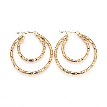 304 Stainless Steel Hoop Earrings, Hypoallergenic Earrings, Textured Double Rings, Golden, 12 Gauge, 32x30x2mm, Pin: 1mm