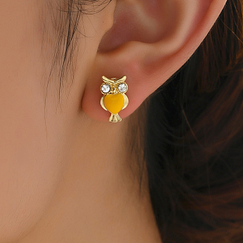 Owl Brass Stud Earrings, with Rhinestone, Real 18K Gold Plated, 14x8mm